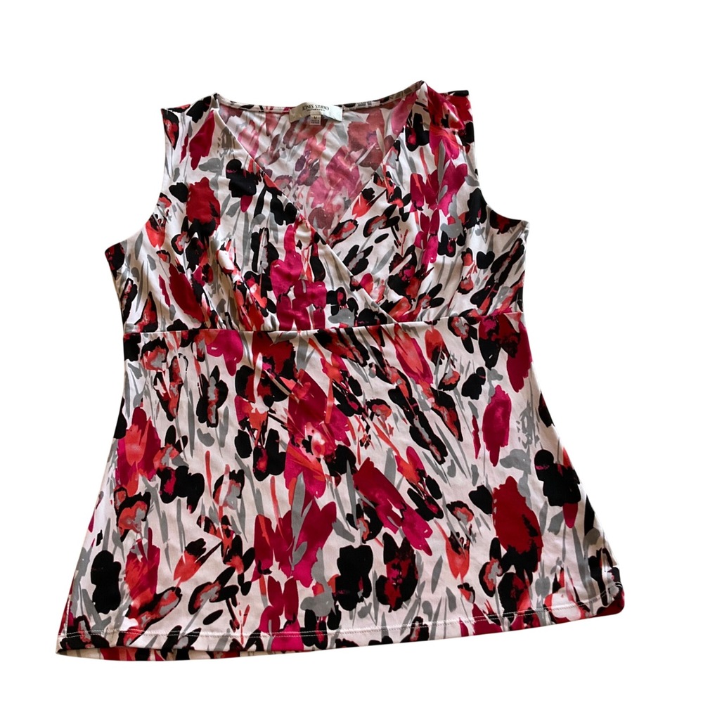Jones Studio Tank Top Womens M Pink Abstract Floral Faux Wrap Sleeveless